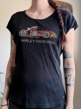 Vintage 2000s Harley Davidson rhinestone bike baby tee